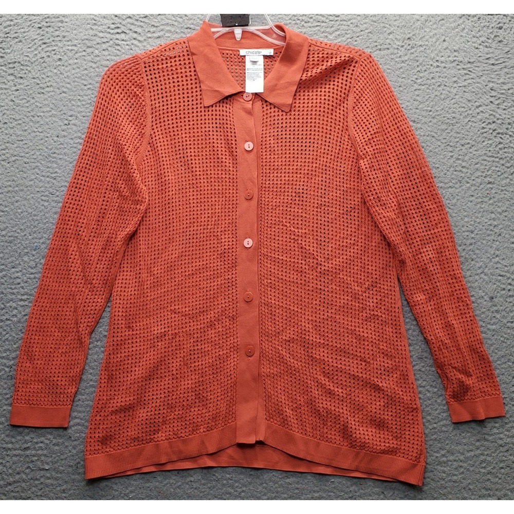 Chico's Cardigan Womens M Orange Open Knit Long Sleeve Collared Button Front